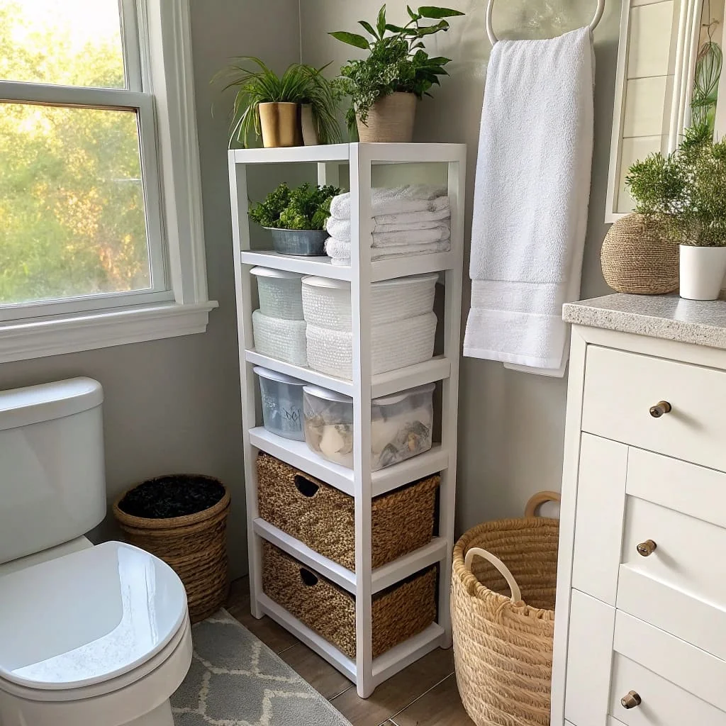Small bathroom storage ideas with over-the-toilet shelving and Sterilite acrylic drawers