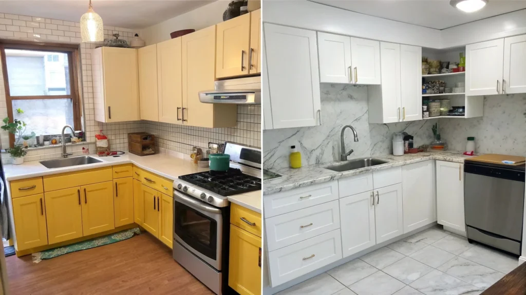 Small kitchen remodel before and after with white shaker cabinets, peel-and-stick backsplash, and Bosch dishwasher