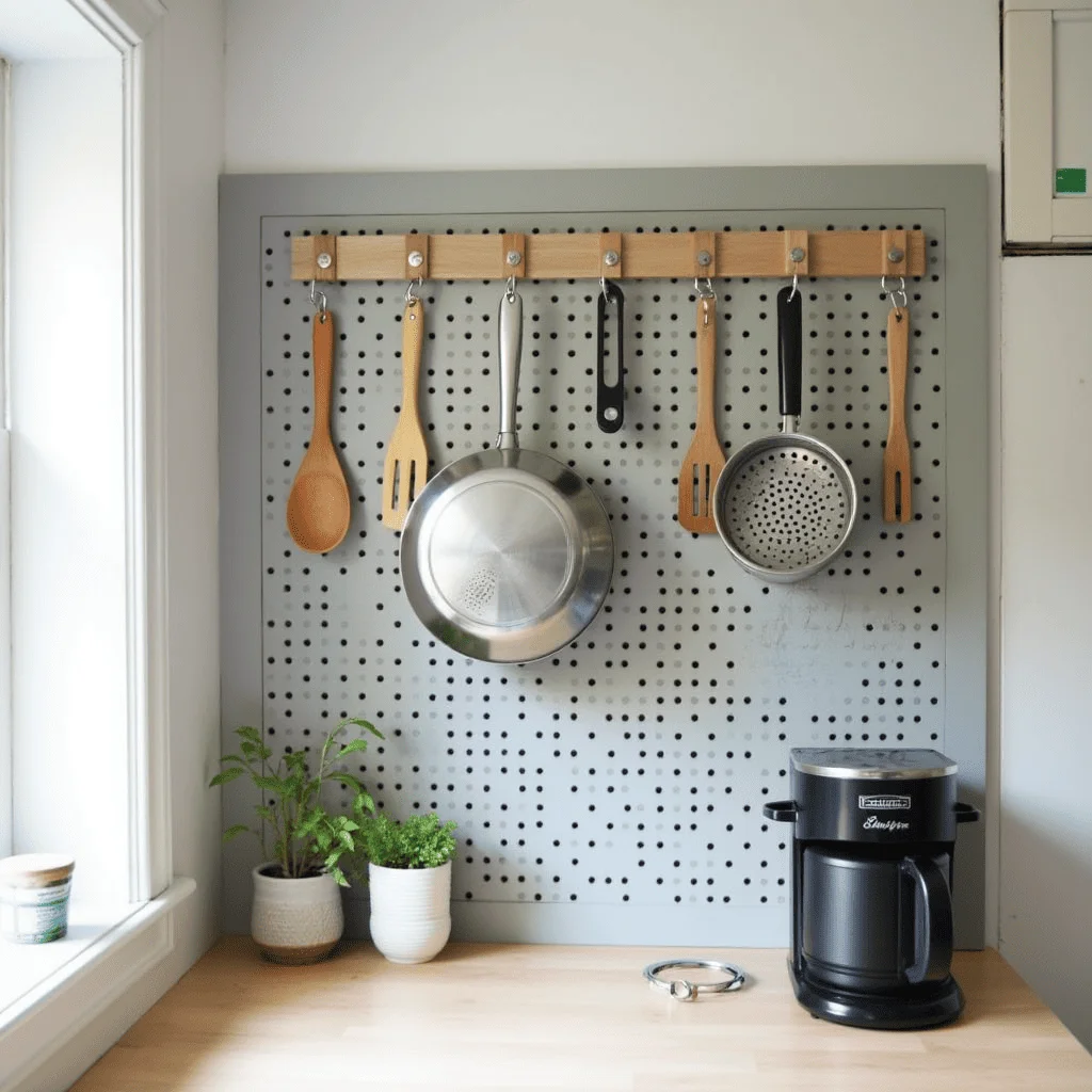 Pegboard wall storage for kitchen utensils and tools
