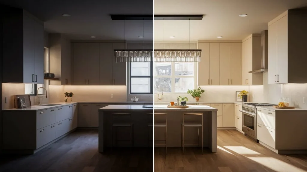 Layered kitchen lighting with under-cabinet LEDs and pendant lights