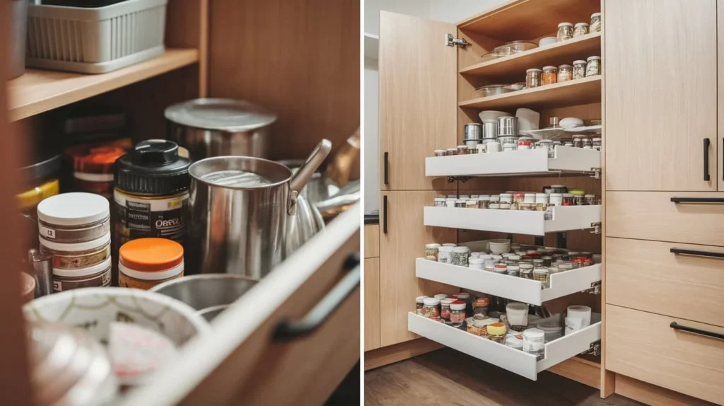 Rev-A-Shelf pull-out organizers in corner cabinet kitchen remodel