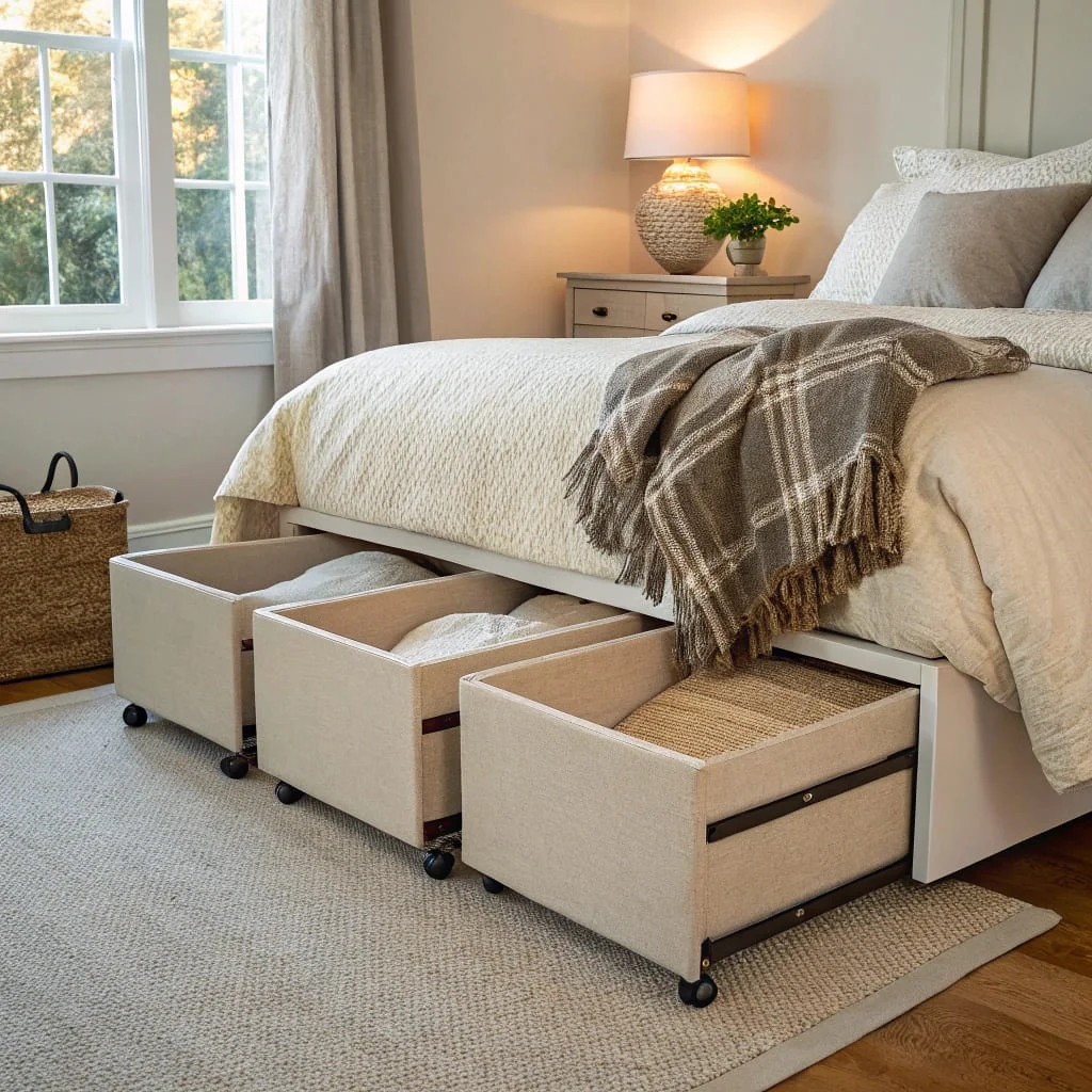 Seasonal storage small space solution with labeled under-bed bins
