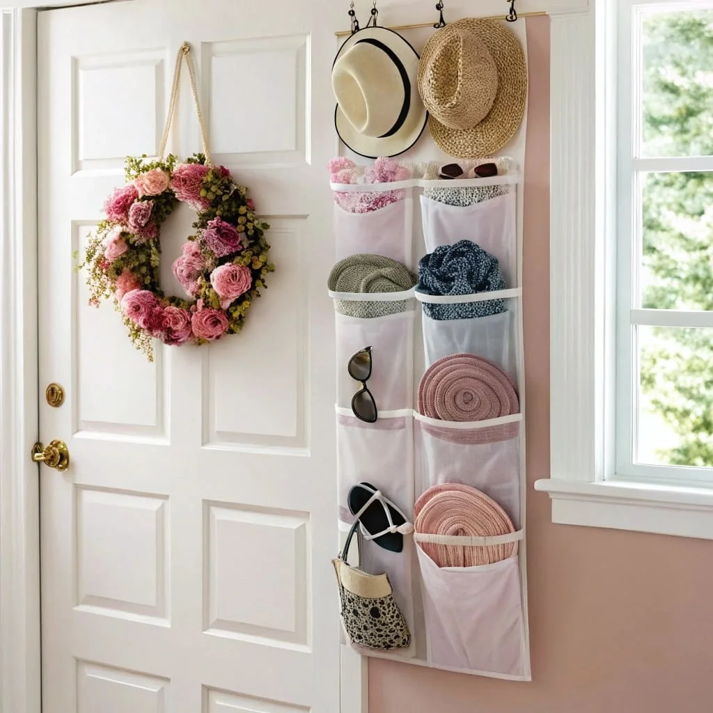 Over-door organizer storing holiday decorations and scarves