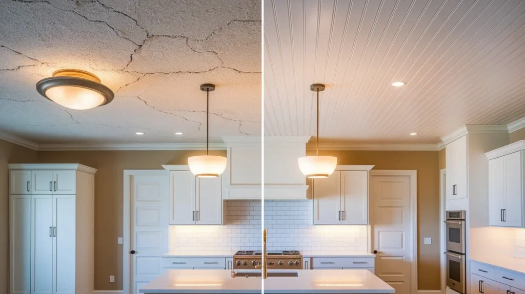 Beadboard ceiling installation in kitchen remodel transformation