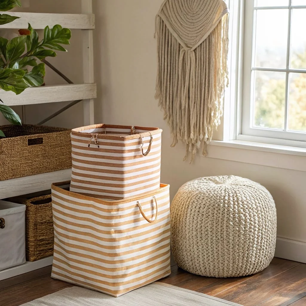 Foldable fabric bins labeled for seasonal decor in a closet
