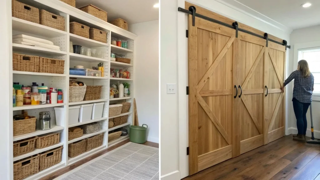 Walk-in pantry conversion with floor-to-ceiling shelves and sliding barn door
