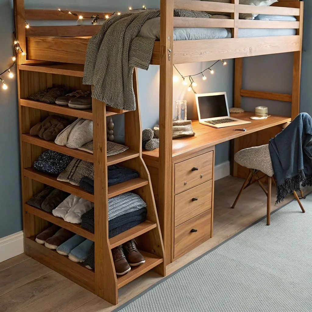 Bed risers with built-in drawers for winter coat storage