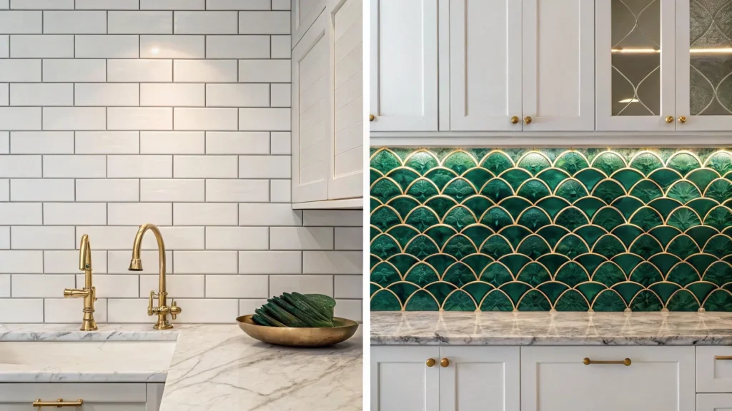 Moroccan fish-scale tile backsplash in emerald green kitchen remodel