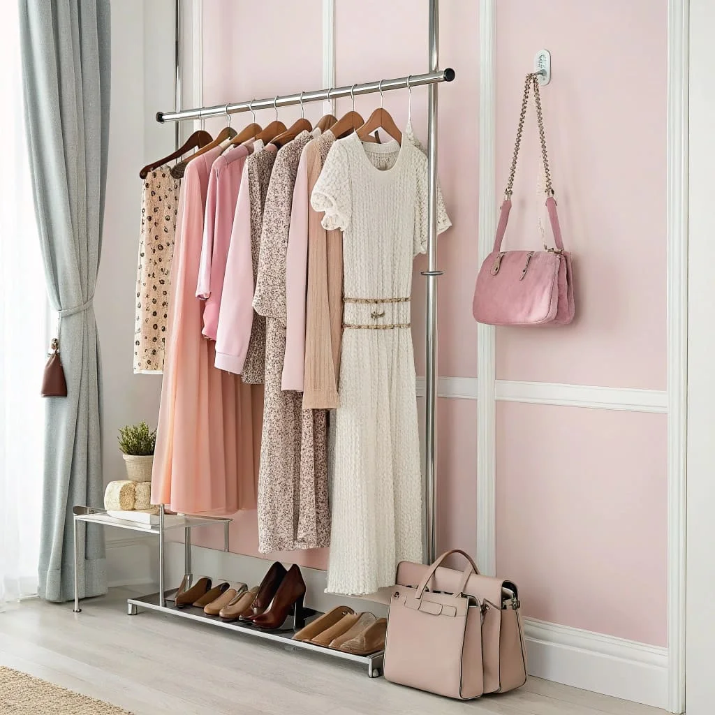Adjustable closet rods for hanging seasonal bags and shoes