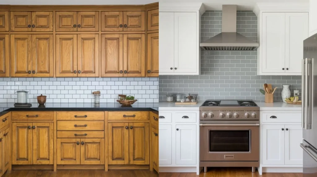 White shaker cabinets and hardware update for oak kitchen remodel