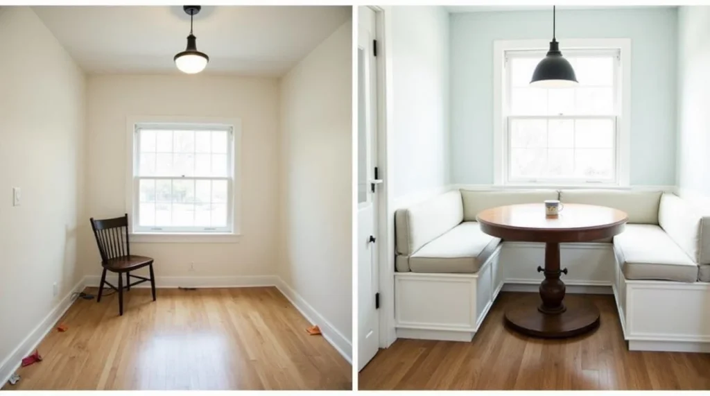Built-in breakfast nook with storage and pendant lighting