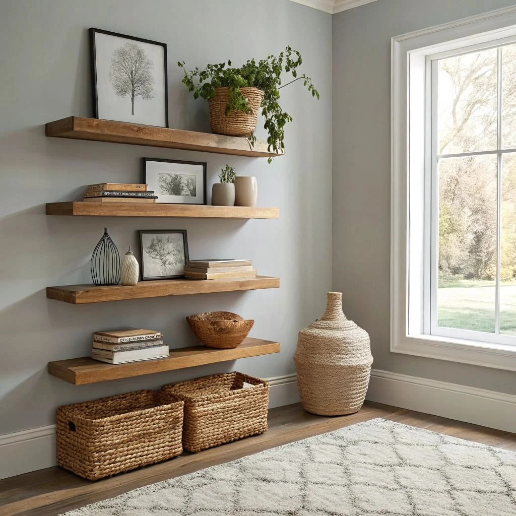 Open shelving units with labeled bins at eye level