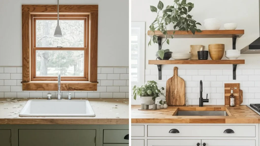 Butcher block countertops and open shelving kitchen remodel