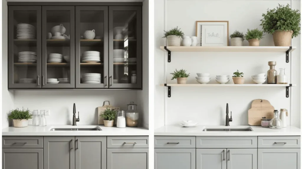 Open shelving kitchen remodel with floating shelves and plants