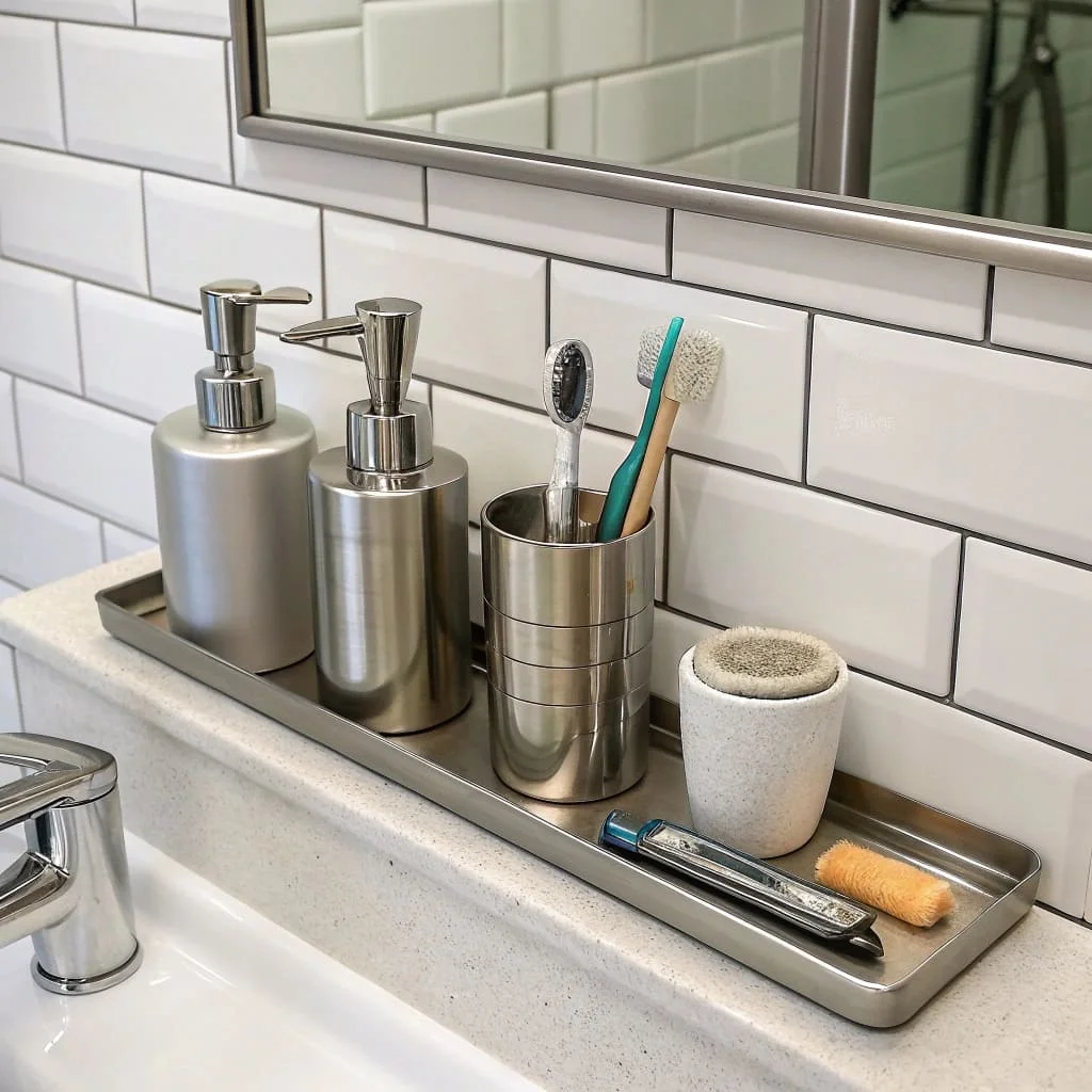 Space-saving bathroom organizers using magnetic strips for razors and toiletries