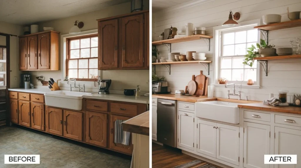 Rustic farmhouse kitchen remodel with reclaimed wood shelves and DIY cabinet refacing