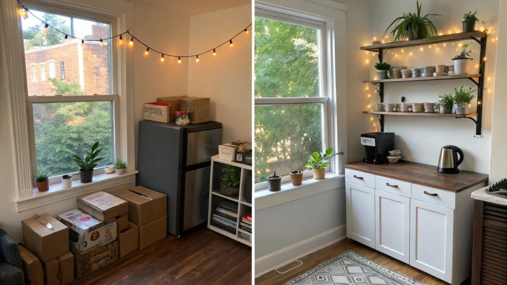 DIY coffee bar station with mini-fridge and floating shelves