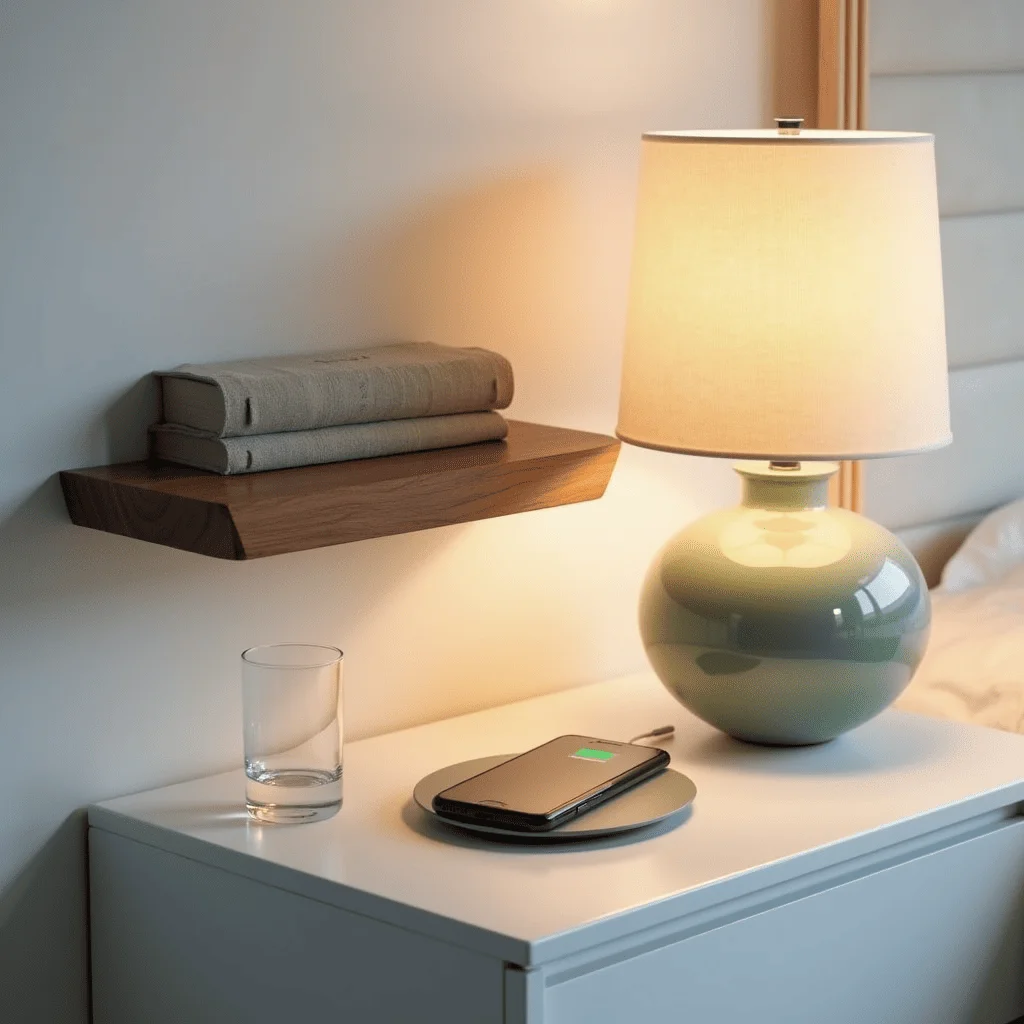 Wireless charging station mounted under a floating shelf