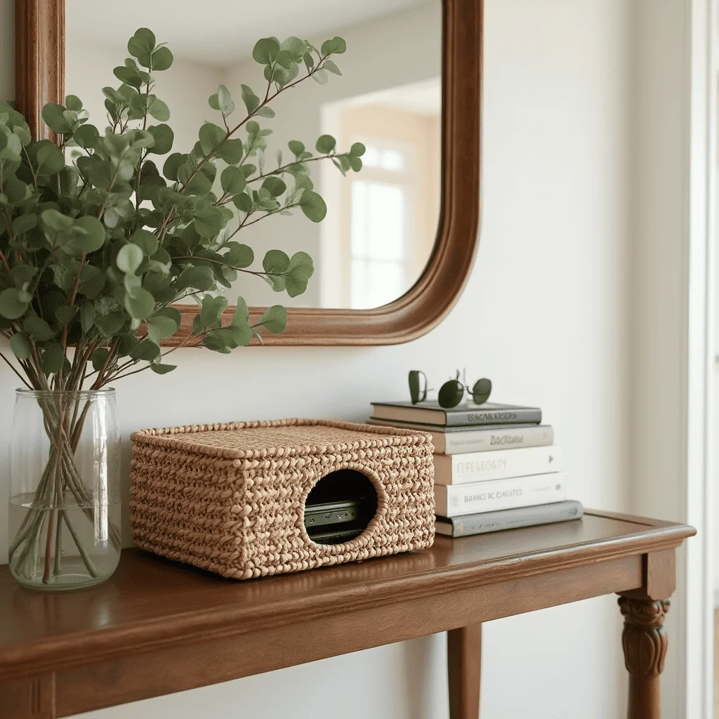 Decorative box hiding router and cables in living room