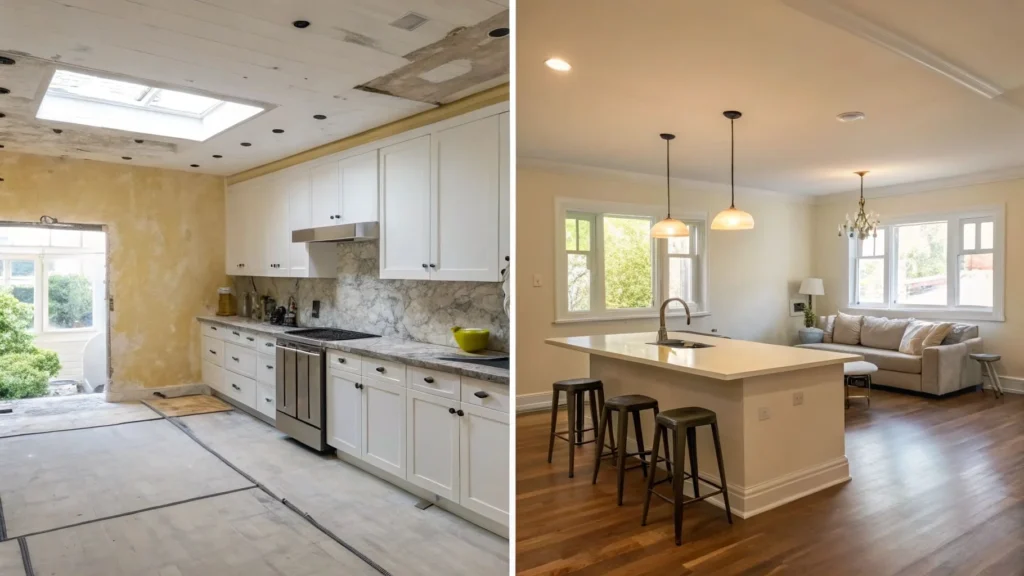 Open-concept kitchen remodel before and after with island seating and natural light
