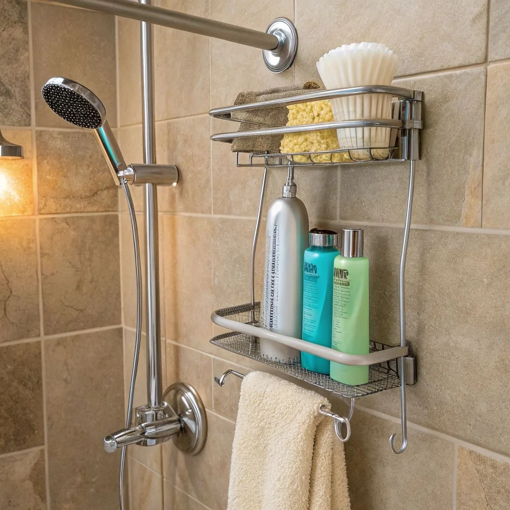 Tension rod shower organizer with shampoo bottles and loofahs