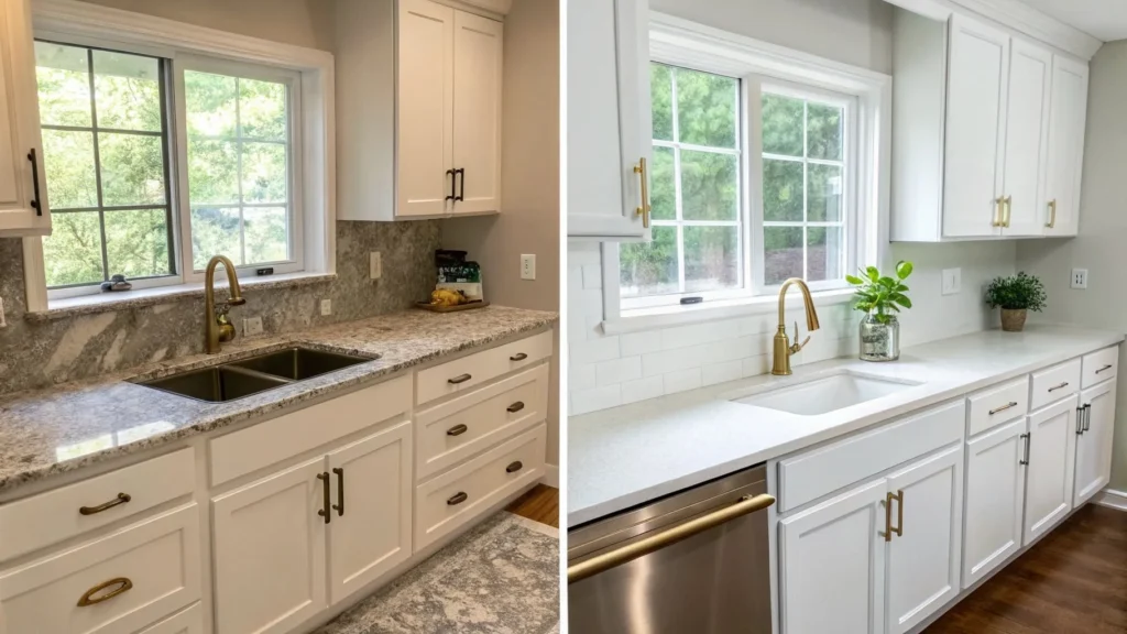 DIY kitchen makeover with faux quartz countertops and brushed gold hardware