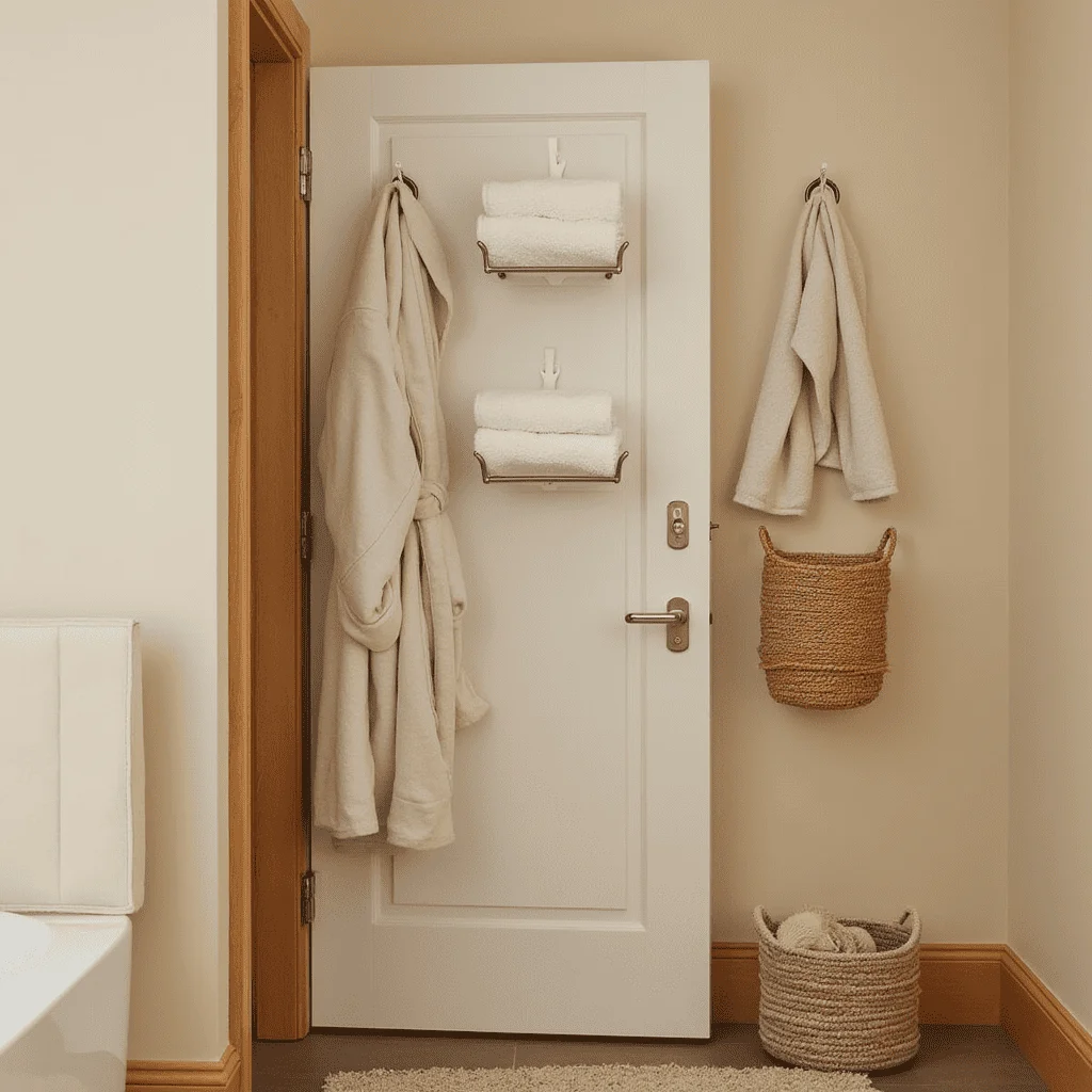 Adhesive hooks on bathroom door holding towels and a woven basket