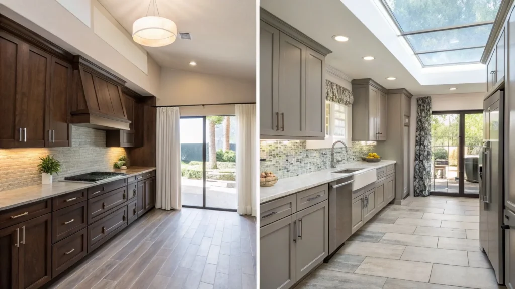 Dark kitchen transformed with light gray cabinets, skylight, and mirrored backsplash