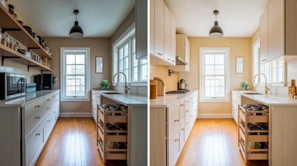 Galley kitchen remodel with pull-out pantry drawers and Rev-A-Shelf organizers