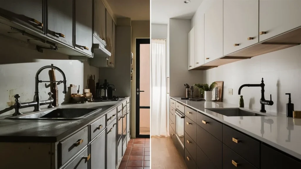 Matte black fixtures and brass hardware kitchen remodel contrast