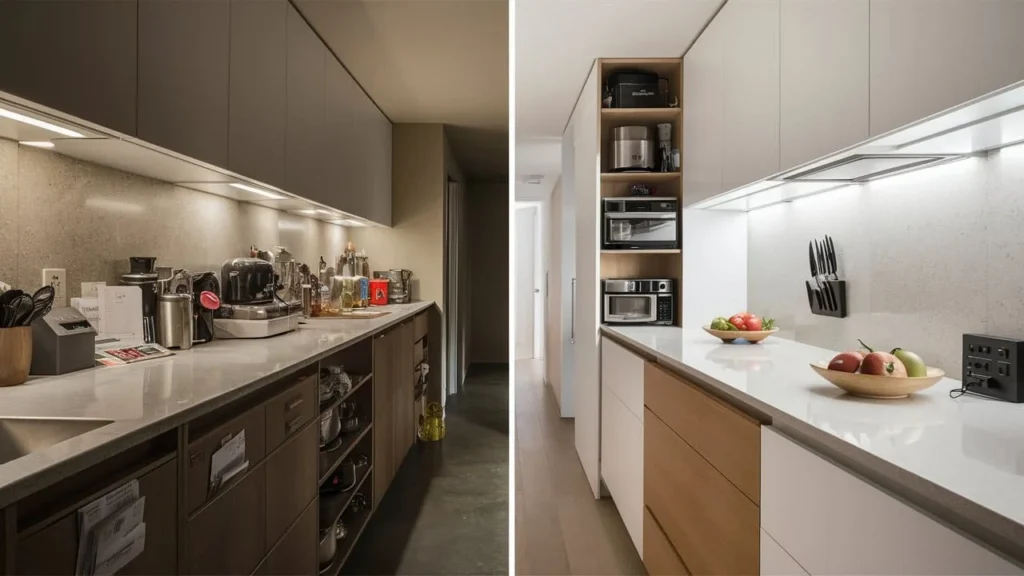 Streamlined kitchen workspace with hidden charging stations and appliance garages