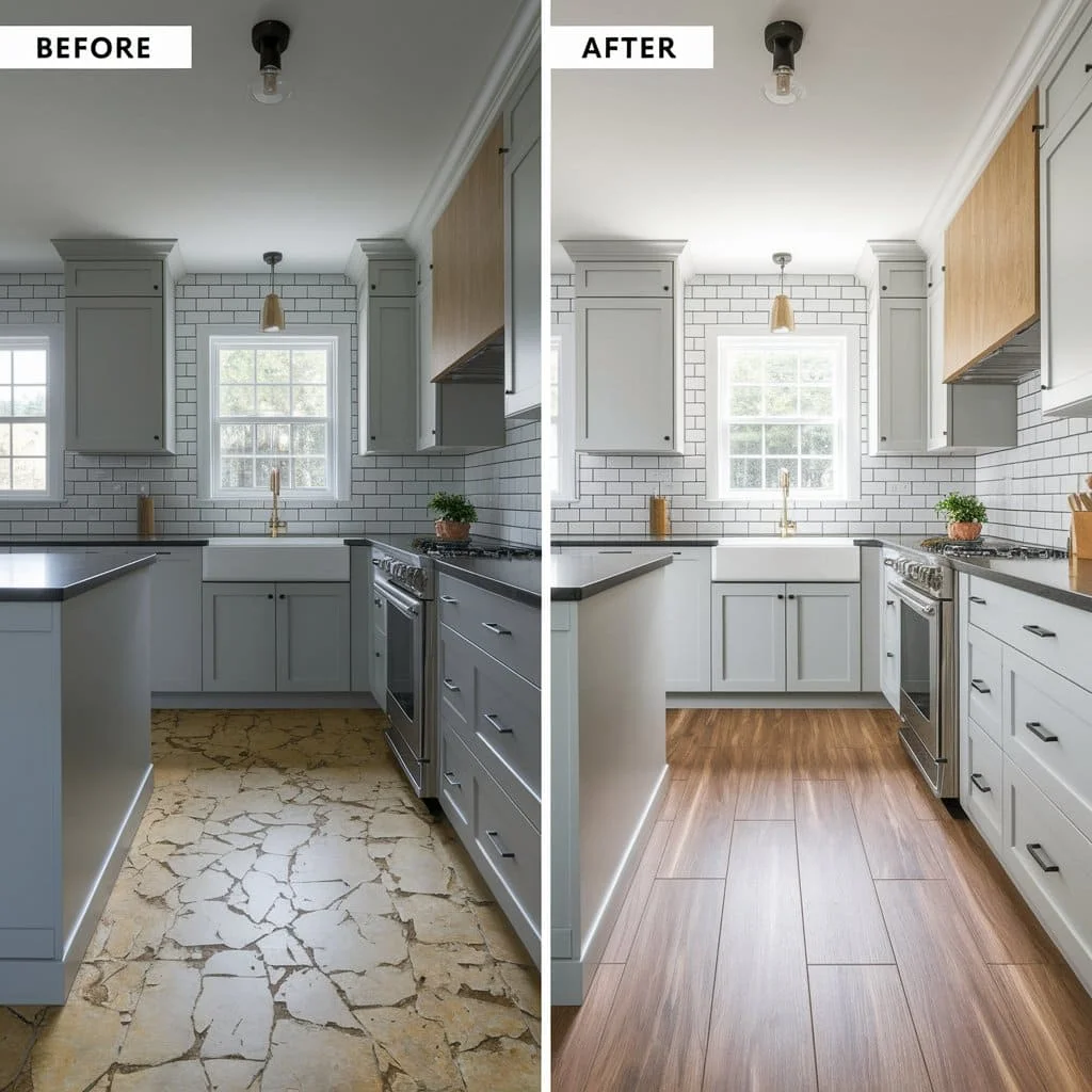 Peel-and-stick wood-look flooring kitchen remodel transformation