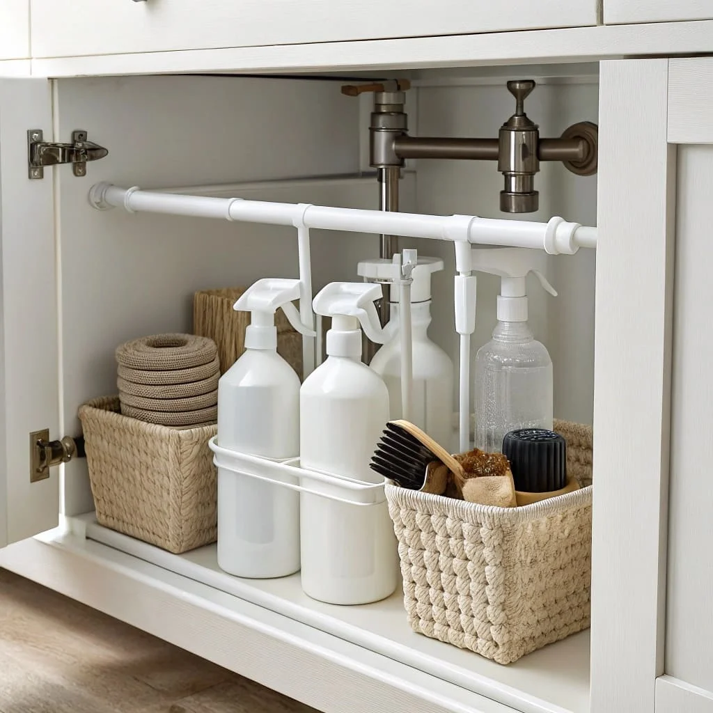 Tension rods organizing cleaning supplies under the sink