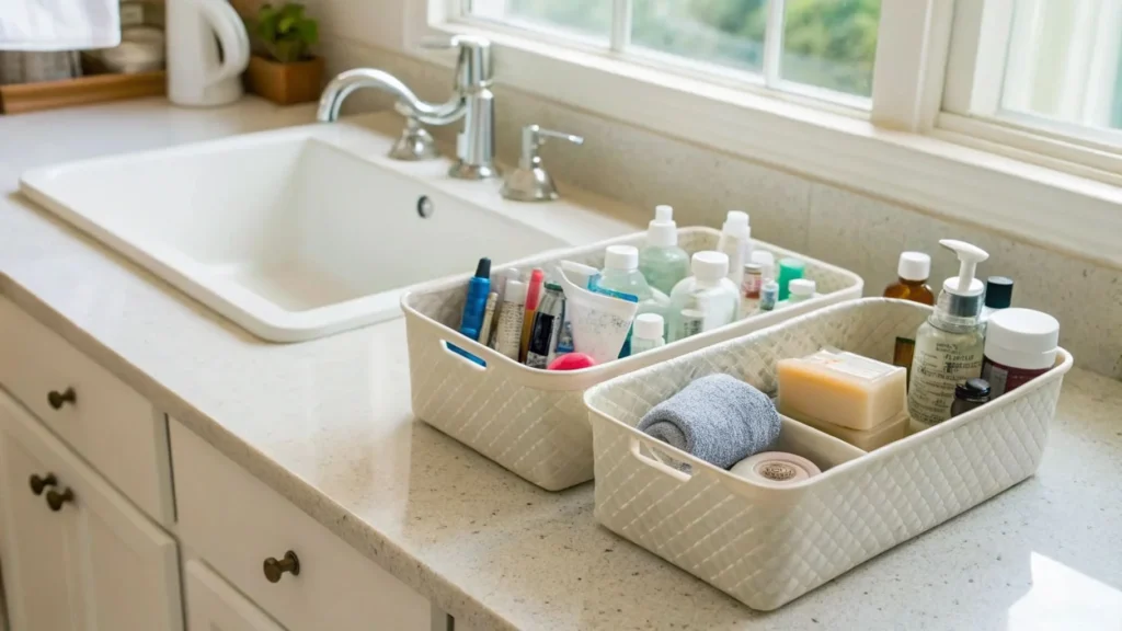 Clean bathroom counter with daily essentials, under-sink storage bins, and no expired toiletries.