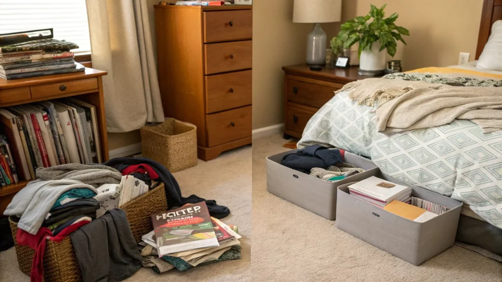 Neatly folded seasonal clothes in under-bed bins and a memory box for sentimental items on a decluttered nightstand.