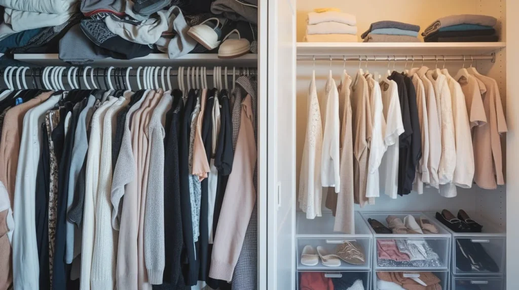 Minimalist closet with neutral basics, vacuum-sealed off-season clothes, and no mismatched shoes.