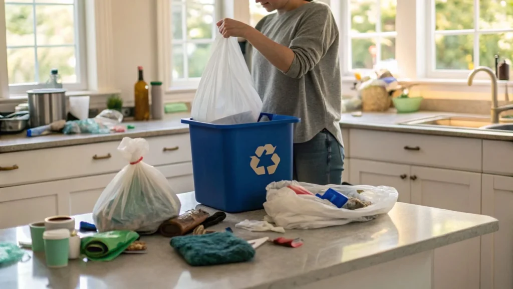 Person tossing expired pantry items, single socks, and old toiletries into bins with a declutter checklist nearby.