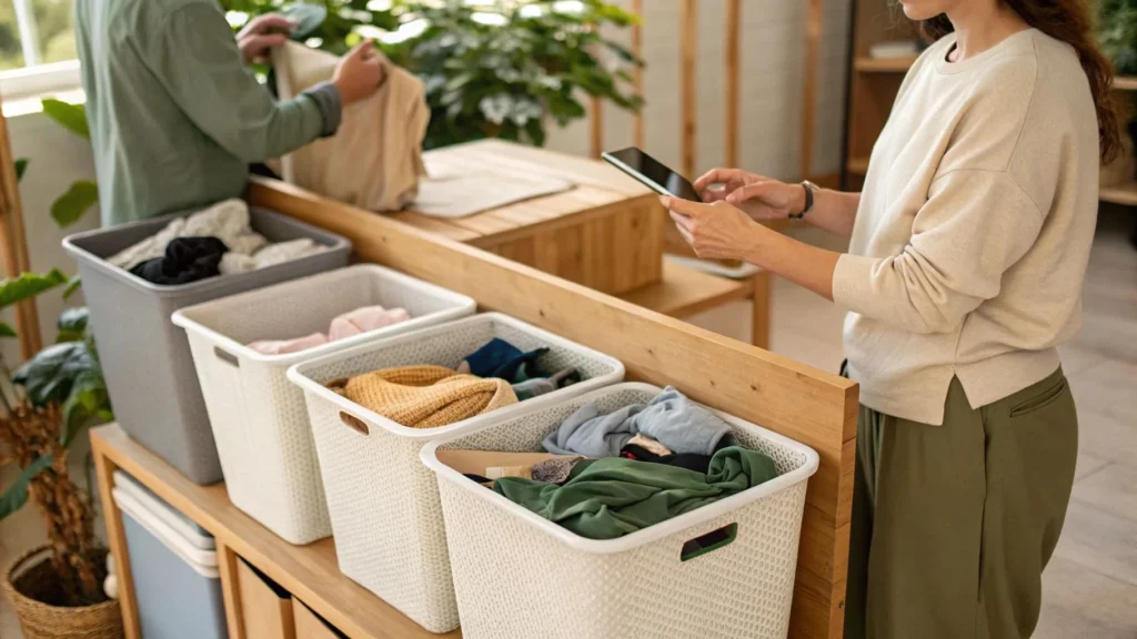 Eco-friendly decluttering station with recycling bins, a compost pile, and a person scanning documents digitally.