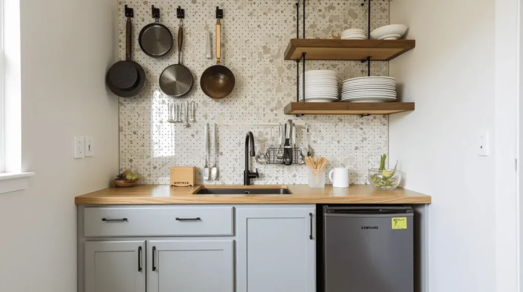 Space-saving kitchen solutions with pegboard wall and compact appliances