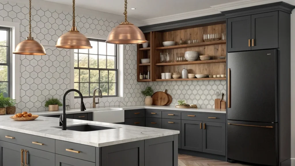 Modern kitchen trends 2025 with matte black fixtures and Rev-A-Shelf organizers