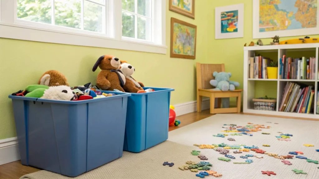 Colorful kids’ room with labeled toy bins, rotated books, and a reading nook free of broken toys.