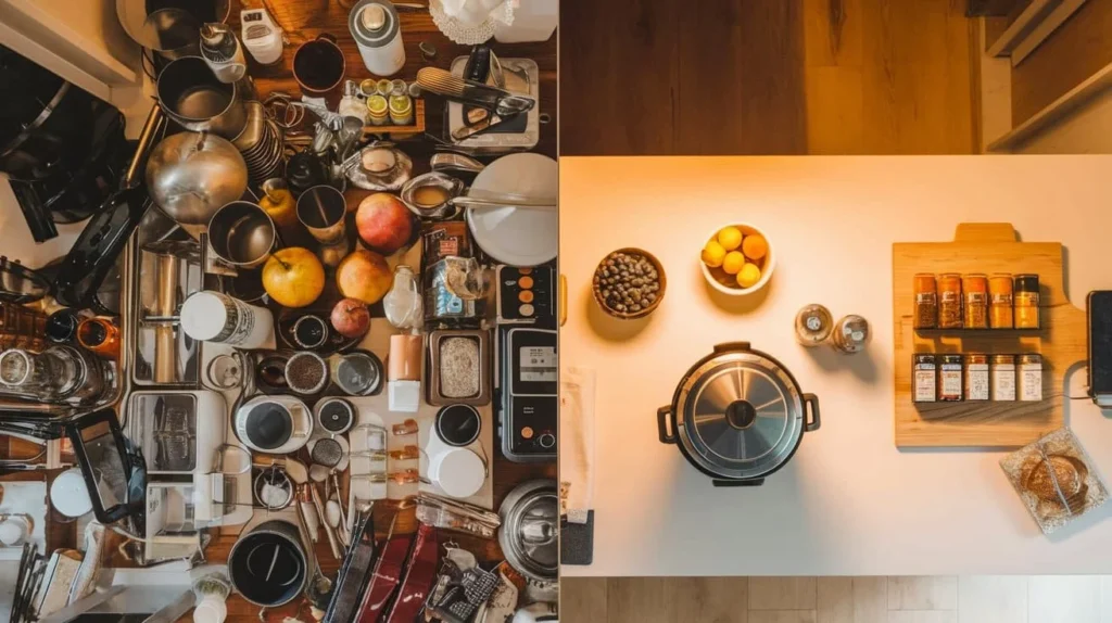Organized kitchen pantry with labeled jars, multi-use tools, and no expired spices or duplicate gadgets.
