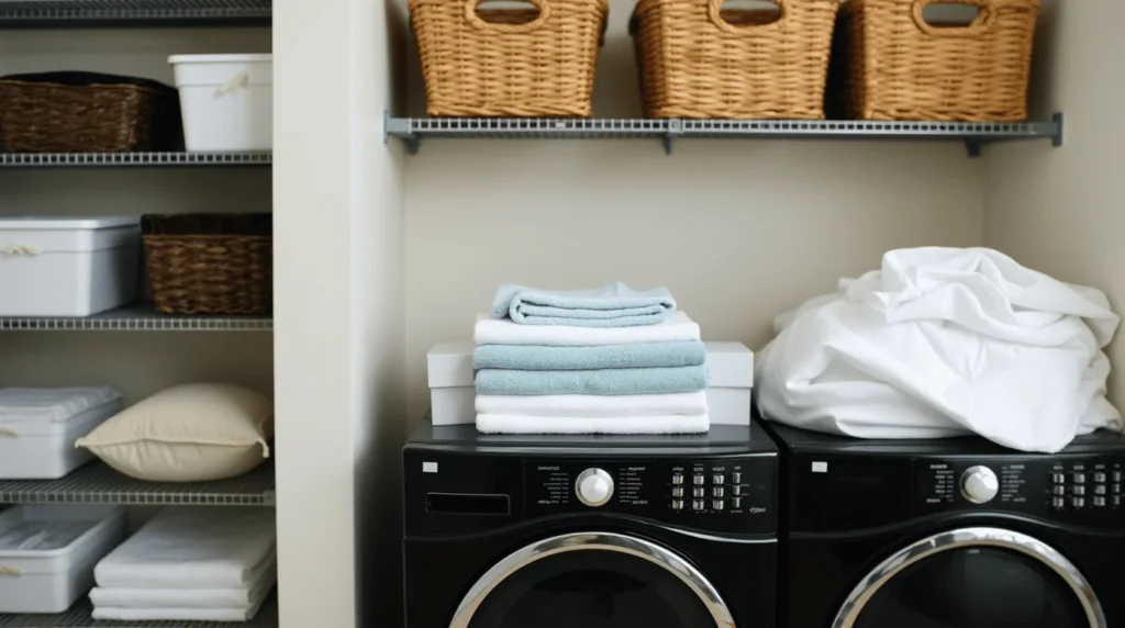 Organized laundry room with magnetic tool strips, eco-friendly cleaners, and foldable baskets.