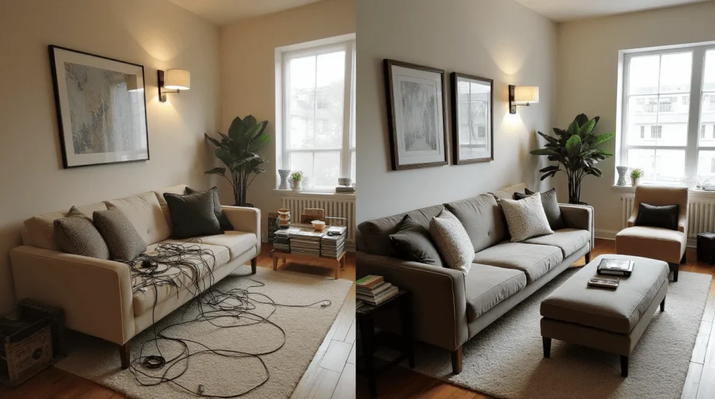Tidy living room with a charging station, cable organizers, and a storage ottoman hiding clutter.