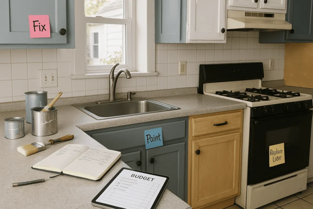 budget kitchen remodel planning with checklist and sticky notes